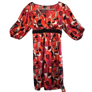 Bisou Bisou Multicolored Abstract Puff Sleeved Dress With Tie Size 14